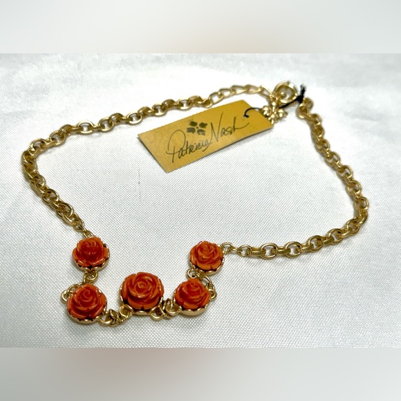 Necklace Gold-Tone Carved Rose Statement 17" + 3" extender Egyptian Gold, Pink - Picture 10 of 11